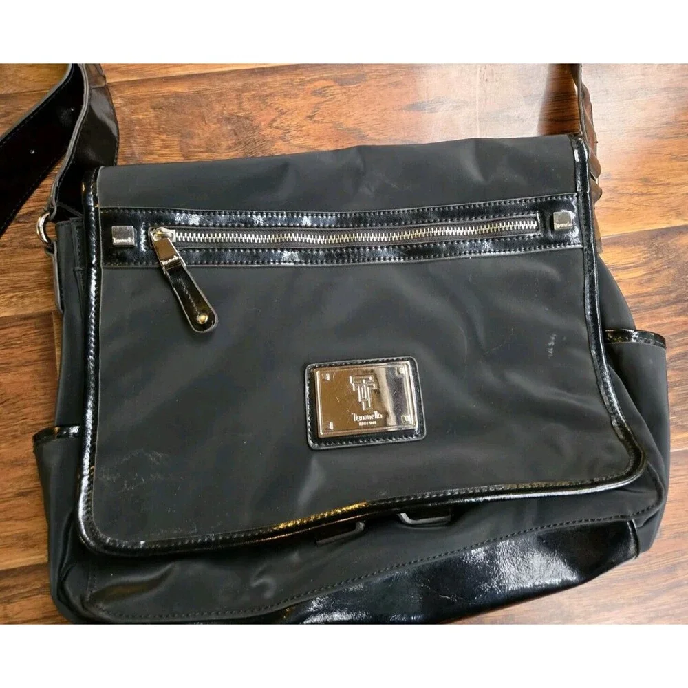 Tignanello Messenger Shoulder Bag Black Yellow Interior Laptop Computer Purse